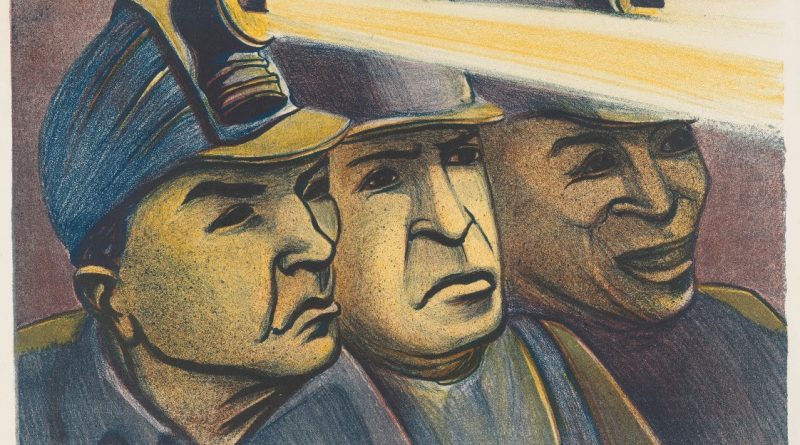 Women Printmakers: Image: Elizabeth Olds. Miners. 1937. The United States General Services Administration, formerly Federal Works Agency, Works Progress Administration, on extended loan to the Baltimore Museum of Art. Courtesy of the Fine Arts Collection, U.S. General Services Administration, WPA, Federal Art Project, 1935-1943
